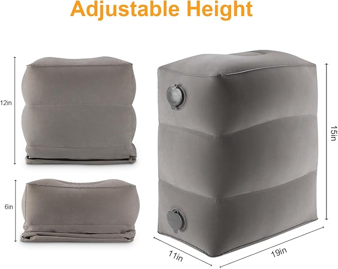 Maliton Inflatable Travel Foot Rest Pillow, Kids Airplane Bed, Adjustable Height Leg Pillow for Air Travel, Make a Flat Bed for Kids and Toddlers, Great for Airplane, Train, car（Grey, 1 Pack）
