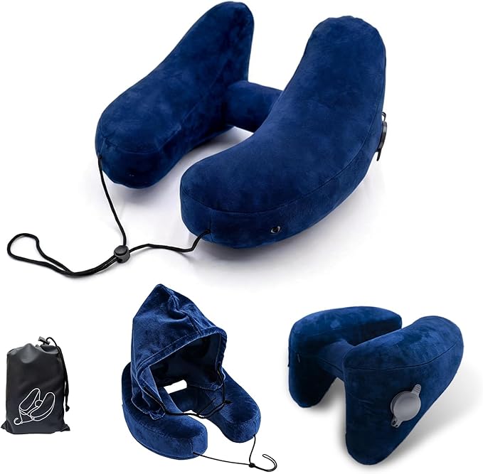 H-Shaped Travel Pillow with Snap-On Hood – Ergonomic Neck Support with Plush Velvet Cover, Instant Inflation & Compact Bag – for Airplane, Car, Office & Long Trips (Blue)