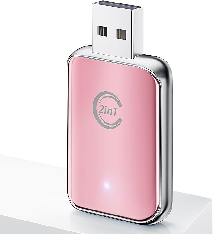 Wireless Carplay Adapter for iPhone, Convert Wired Car Play to Wireless, 2 in 1 Plug and Play Mini CarPlay and Android Auto Adapter for iOS 10 Android 11 and Above, Cars with Built-in Carplay (Pink)