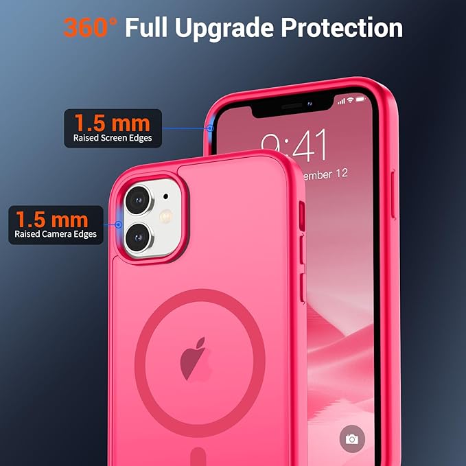 SUPFINE Magnetic for iPhone 11 Phone Case with Screen Protector (Compatible with MagSafe) (Military Grade Drop Protection) Slim Translucent Matte Shockproof Phone Cover,Hot Pink