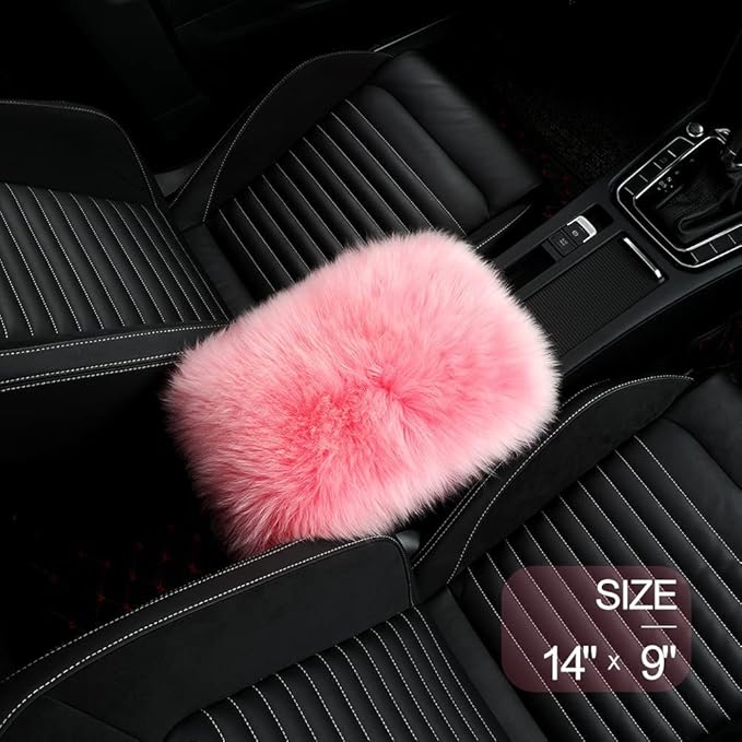 LLB Auto Center Console Cover Pad Universal Fit for SUV/Truck/Car, Genuine Sheepskin Wool Fur Car Armrest Seat Box Cover, Furry Fluffy Auto Armrest Cover Protector (Pink)