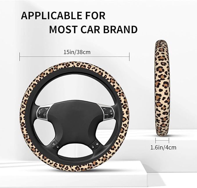 Brown Leopard Print Steering Wheel Cover Cheetah Animal Print Steering Wheel Cover Anti-Slip Breathable Universal 15 Inch Car with 2 Pieces Car Coasters Suitable for Men Women