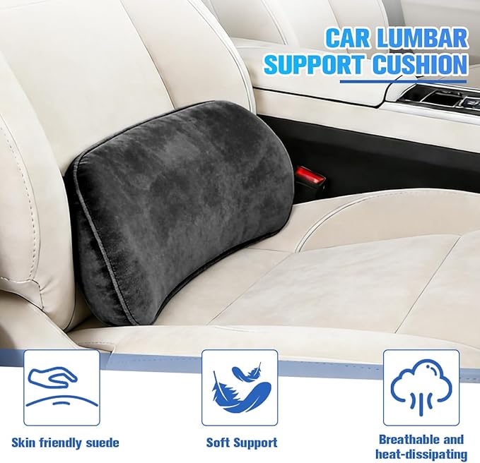 Car Lumbar Support Pillow, Memory Foam Suede Vehicle Back Support Cushion for Pain Relief, Breathable Automotive Interior Seat Lower Back Pillow, Universal for SUV Van Truck (Black)