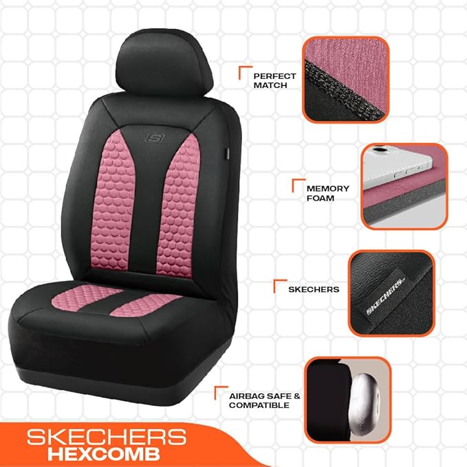 Skechers Memory Foam™ Car Seat Cover Full Sets, Hexcomb Breathable Thick Seat Covers, Airbag Compatible, Automotive Comfort & Protection for Most Cars,Van,Trucks, SUVs (Pink,Full Set)
