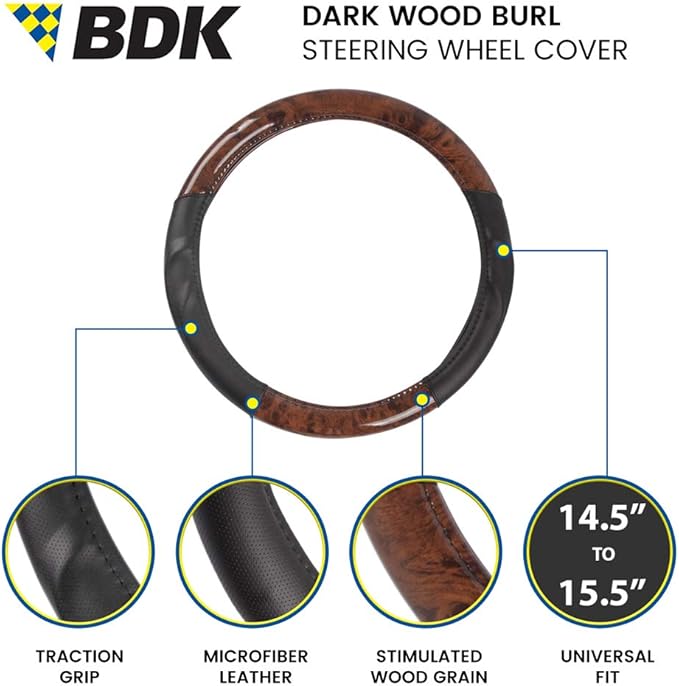 BDK Dark Wood Grain Steering Wheel Cover with Black Faux Leather Comfort Grip, Standard 15 inch Size, Car Steering Wheel Cover for Truck Van SUV Auto