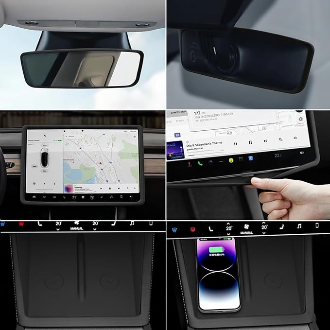 Farmogo Protector Trim Frame for 15.4'' Tesla Model Y & Model 3 Highland 2024-2026 Accessories with Wireless Silicone Charging Mat Screen Edge & Rearview Mirror Protector Frame (3PCS Black)