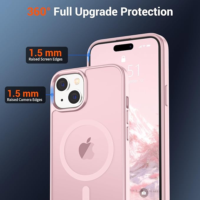 SUPFINE Magnetic for iPhone 15 Case with Screen Protector (Compatible with MagSafe) (Military Grade Drop Protection) Translucent Matte Shockproof Phone Cover,Light Pink