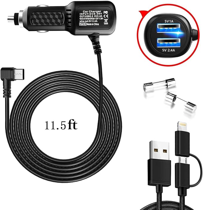 Dash Cam Charger 2023 Upgraded USB-C Car Charger with Dual USB Port Compatible with, Rexing, Byakov, AKASO, Crosstour, Trekpow, Pruveeo, OldShark, Garmin and Most Other Dash Cam (11.5ft)
