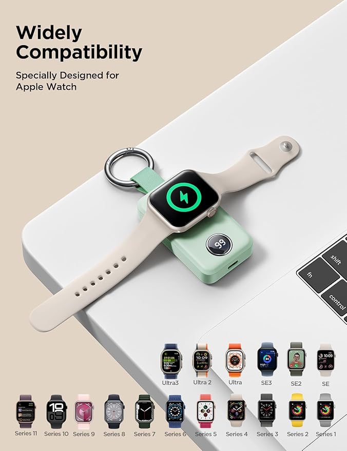 JOYROOM Portable Charger for Apple Watch, 2000mAh Fast Charger for iWatch Series 11/10/9/8/7/6/5/4/3/2/1/SE/UItra 3/UItra 2/Ultra, with Compact Magnetic Design Travel Essential(Mint)