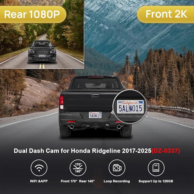 Fitcamx 2K Dual Dash Cam for 2017-2025 Honda Ridgeline RT RTS RTL Trail Sport Black Edition (DZ-0337), OEM Look, Front 1440P+Rear 1080P Video, WiFi & APP, Loop Recording, G-Sensor, Easy to Set, 64GB