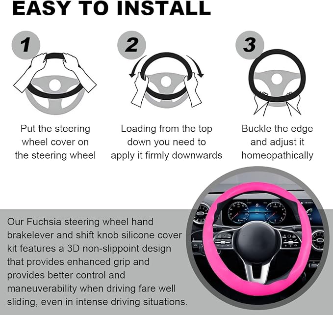 3PCS Silicone Car Steering Wheel Cover Set - Includes Car Handbrake Cover & Gear Shift Cover & Anti-Slip Steering Wheel Protector, Universal Auto Interior Decoration for Most Cars (Rose Red)