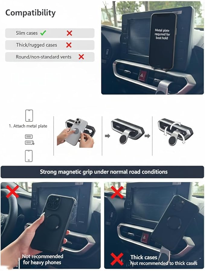Magnetic Car Phone Holder for Vent Mounts – Slim Case Compatible, Includes Metal Plate – Strong Magnetic Grip for Most Smartphones, Adjustable & Easy Installation