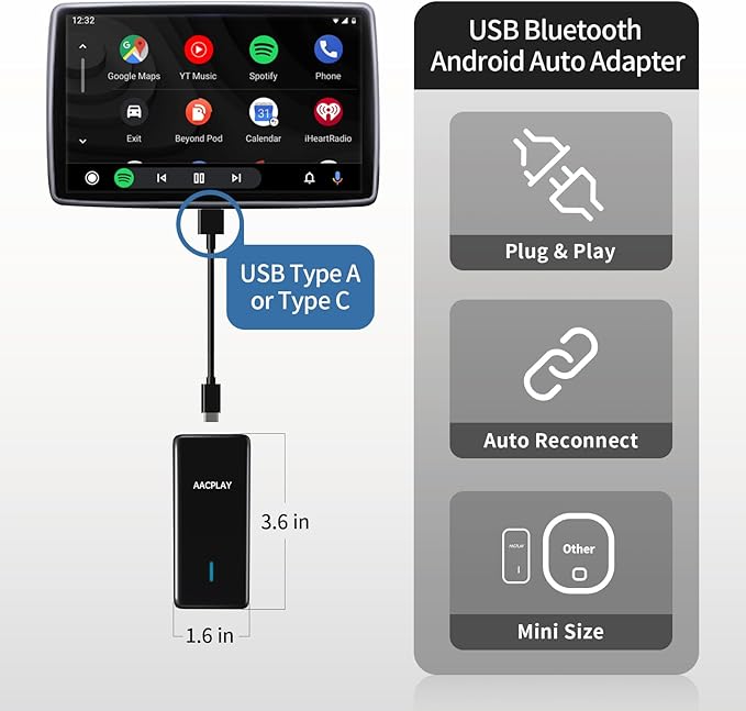 AACPLAY Wireless Android Auto Car Adapter Converts Wired Android Auto to Wireless, Android Auto Dongle Wireless for AA Smarphone, USB Type-A or Type-C Plug-in