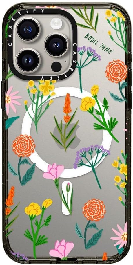 CASETiFY Impact iPhone 15 Pro Max Case [Slim/Compatible with Magsafe / 8.2 ft. 4X Military Grade Drop Protection] - Flowers - Clear Black