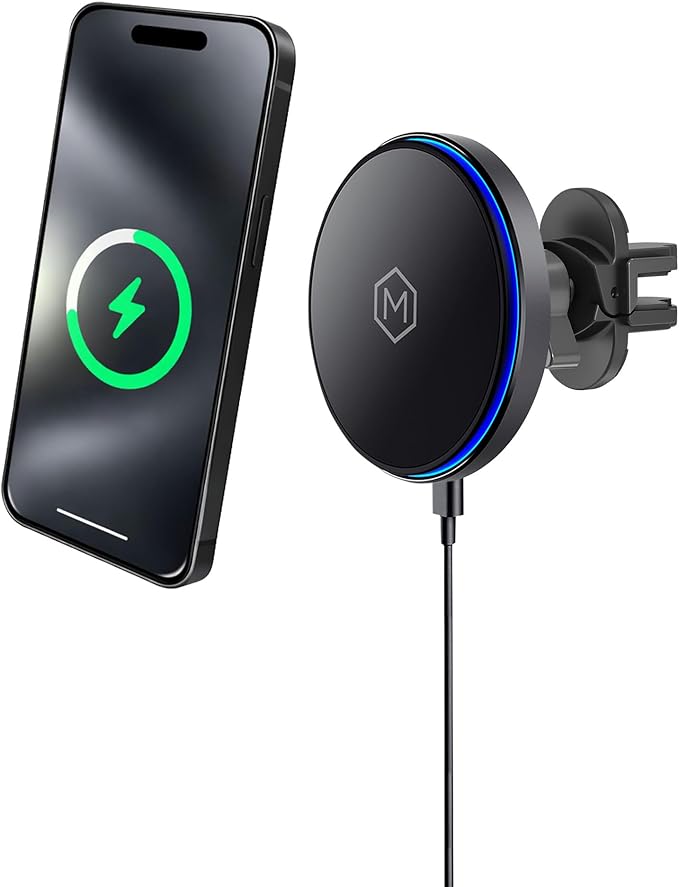 Mag Switch Qi2 Mag Safe Wireless Car Charger Air Vent Mount, 15W Fast Charger with a built in on/off switch for charging, Strong N52 Magnets, Compatible with iPhone 14/15/16/17 Iphone Air