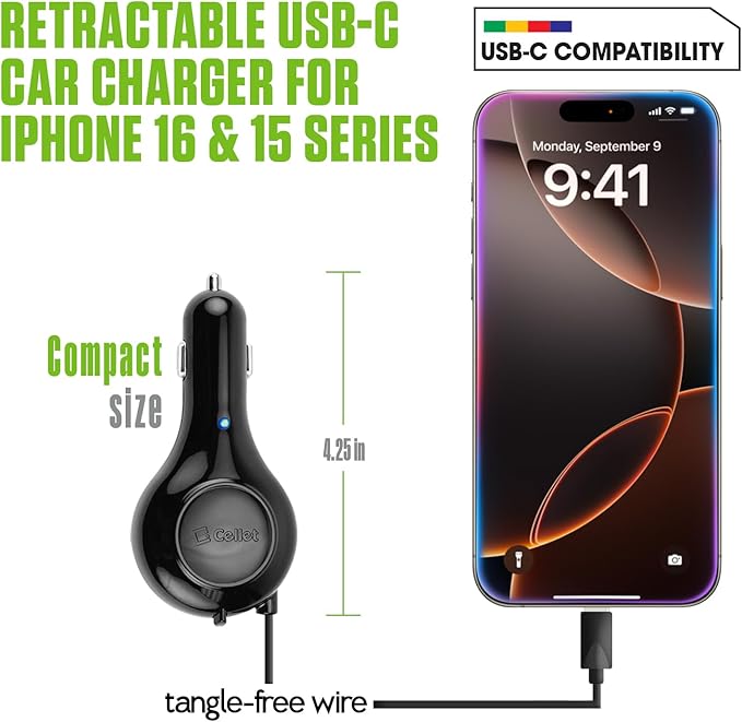 Cellet Retractable USB-C Car Charger – 15W Fast Charging, 3.3ft Cable, 3A Output, Blue LED Indicator – Compatible with Apple iPhone 15/16 Series & Samsung Android USB-C Devices – Compact, Tangle-Free