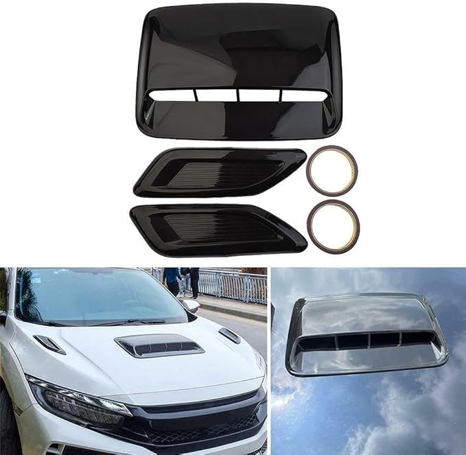 Car Hood Scoop Vent Cover Set - 3 Pcs Glossy Black Air Intake Decorative Trim For Fit On Most Vehicles