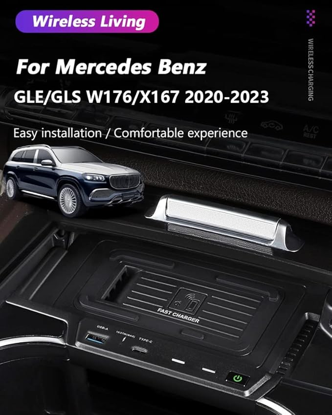 Car Wireless Charger for Mercedes-Benz GLE Coupe GLS AMG 2020-2023, 15W Qi Fast Charging Phone Pad for Mercedes Benz W167 X167 V167 GLE 350 450 AMG 53 Coupé 63 S GLS 450 580 AMG 63 Accessory