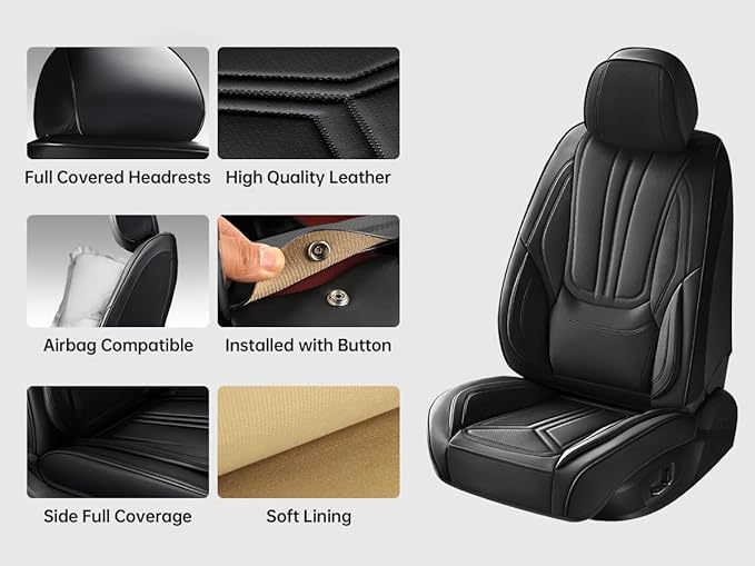 Car Seat Covers, Premium Leather Car Seat Covers, Waterproof and Breathable Seat Covers, Universal Car Seat Protector Fit for Cars, Trucks, SUVs, Pick-ups (Black, FullSet)