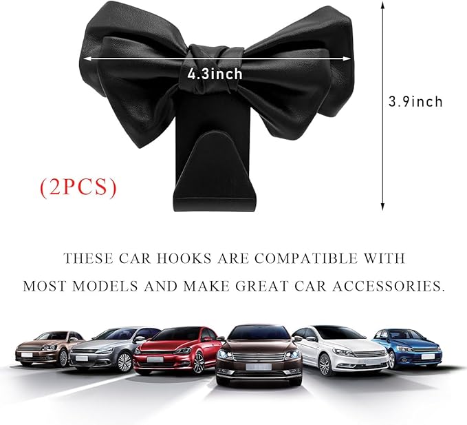 2 PCS Car Seat Headrest Hooks, Cute Bow Shaped Vehicle Backseat Storage Hooks, Leather Bow Shaped Sturdy Car Seat Back Hooks for Purses/Coats/Umbrellas, Car Accessories (Black)