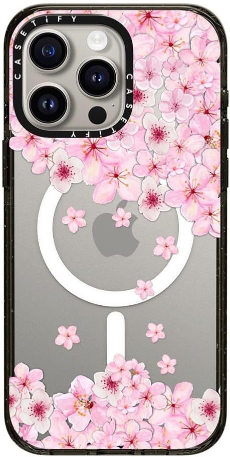 CASETiFY Impact iPhone 15 Pro Max Case [4X Military Grade Drop Tested / 8.2ft Drop Protection/Compatible with Magsafe] - Sakura Cherry Saturday - Clear Black