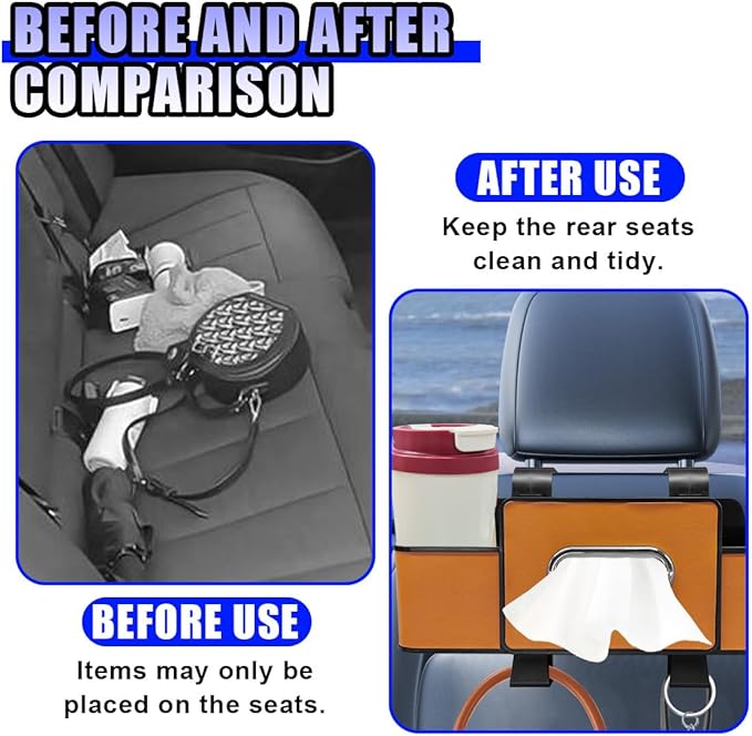 YoRise Multifunctional Car Back Seat Organizer, Leather Automotive Headrest Phone & Tissue & Cup Holder with Hooks, Family Travel Vehicle Backseat Storage Box for Drink, Snack, Handbag (Orange)
