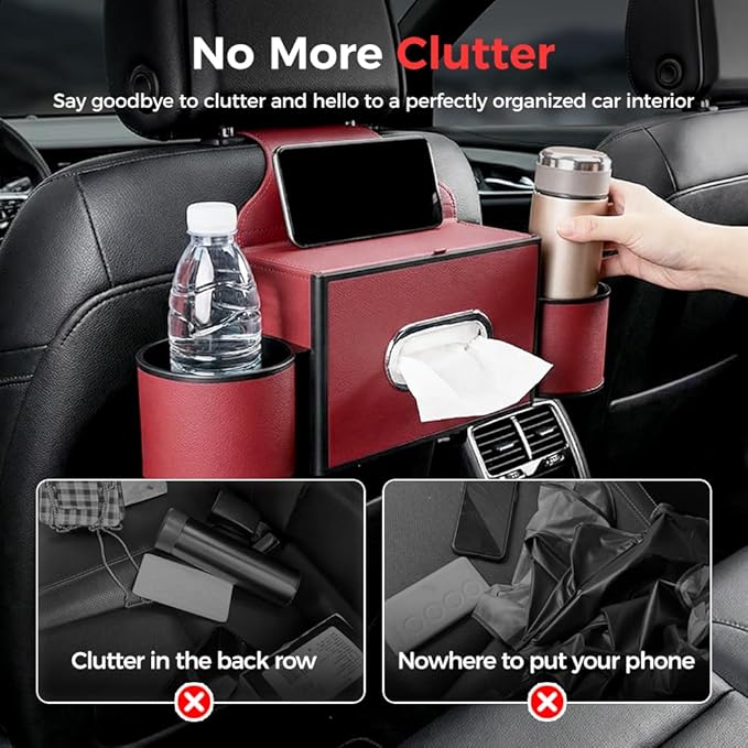 Back Seat Car Organizer,3 in 1 Car Backseat Storage Box with Cup Holder,Tissue Box,Trash Bin&Hooks,Multifunctional Waterproof Storage for Hold Phones Snacks Drinks Handbags (1, A-Coffee)