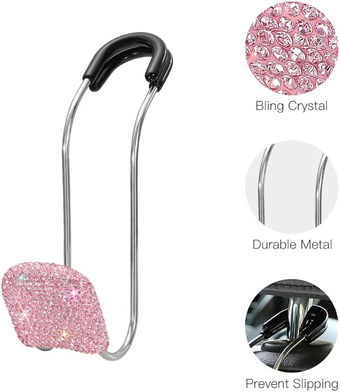 SAVORI Car Headrest Hooks Bling Car Accessories Rhinestones Universal Auto Back Seat Headrest Metal Hanger Organizer Vehicle Holder for Bag Purse Clothes Grocery 2PCS (Pink)