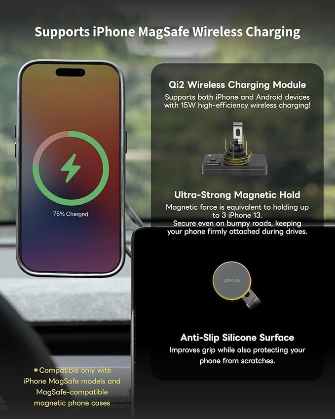 Jowua Active Cooling 6D Tesla Compatible Invisible Foldaway Car Mount Qi2 Wireless Charger for Tesla S/3/X/Y/Cybertruck (Magnet), Compatible for magsafe