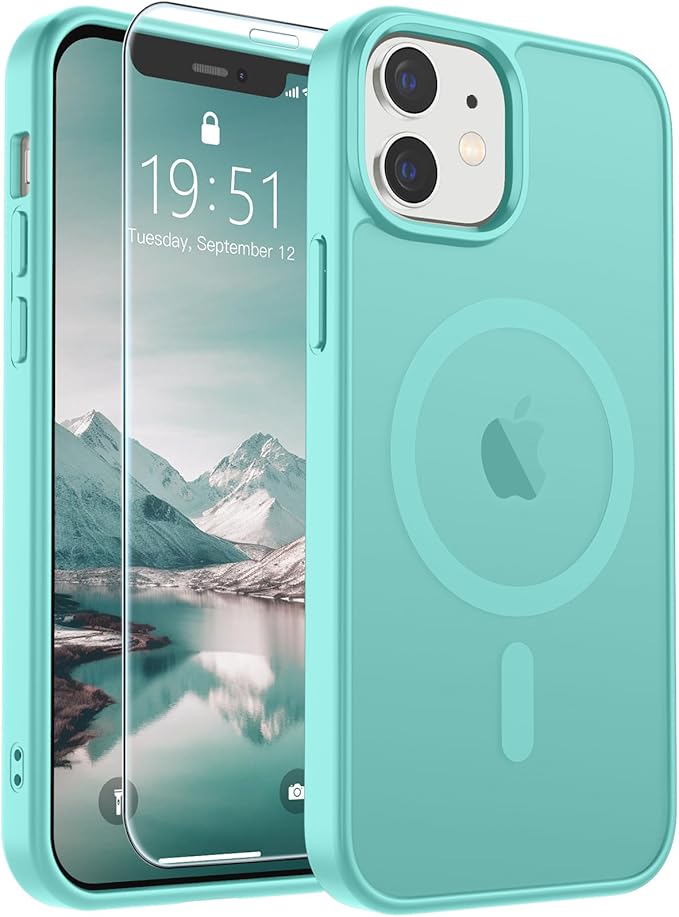 SUPFINE Magnetic for iPhone 12 Mini Case & iPhone 13 Mini Case (Compatible with MagSafe) (Military Grade Drop Protection) Translucent Matte Shockproof Phone Cover,Blue Green