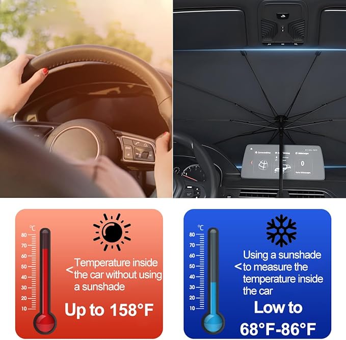 Car Windshield Sun Shade Umbrella, Foldable Automotive Sunshade Cover for Block UV Rays & Heat, Vehicle Interior Front Window Protector Accessories, Universal for Vehicles (Folding Handle)
