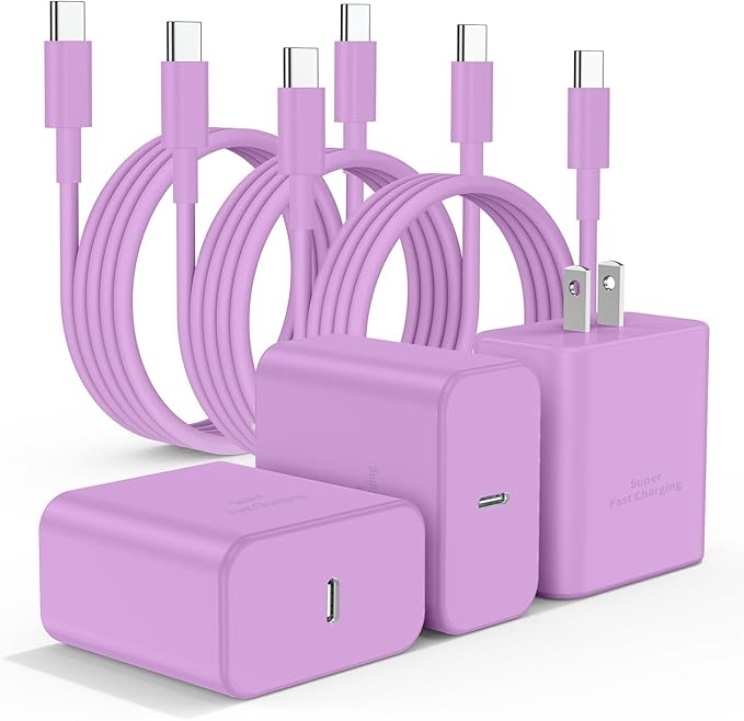 3Pack USB C Charger for Samsung Galaxy S24 Ultra, Super Quite Fast Charging Type C Block with 6FT C to C Cord for Samsung Galaxy Tab S9 S8 S23 Ultra S22 Ultra S23 S22 S21 Note 10 Plus 20,Purple