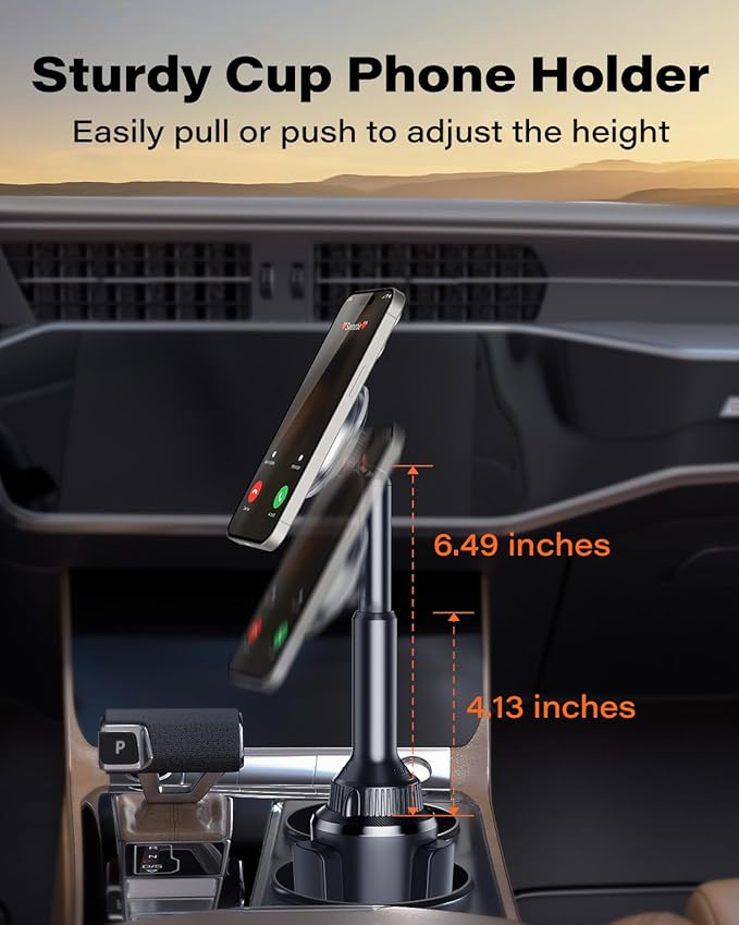 OQTIQ Phone Cup Holder for Car Mount Compatible with MagSafe, Quick Extension Long Arm and 360° Rotation, Fits 3"-4" Cup Holders - Stable & Secure for iPhone 12-17 Series, Not Charger