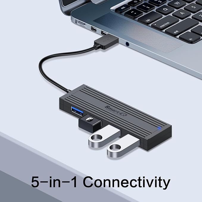 SmartQ 4-Port USB 3.0 Hub, High-Speed Data Hub, USB Port Expander for Laptop, PC, iMac, Surface Pro, XPS, Flash Drives, Mobile HDD, and More (Slim USB 3.0 Hub - 0.5 ft)