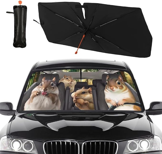 Socira Funny Squirrels Car Windshield Sunshade Umbrella Foldable Visor Umbrella Sun Shade Cover Funny Animal Sunshade Front Window Cover Squirrels Car Accessories Blocks Uv Rays 57" X 30"