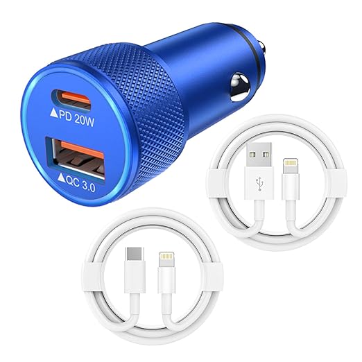 iPhone Car Charger, 2-Port Fast USB C Car Charger Dual USB C & USB A Car Charger Adapter Cigarette Lighter with 2Pack Lightning Cable for iPhone 14 Pro Max/14 Pro/14 Plus/13 Pro Max/12 Mini/11/X, iPad
