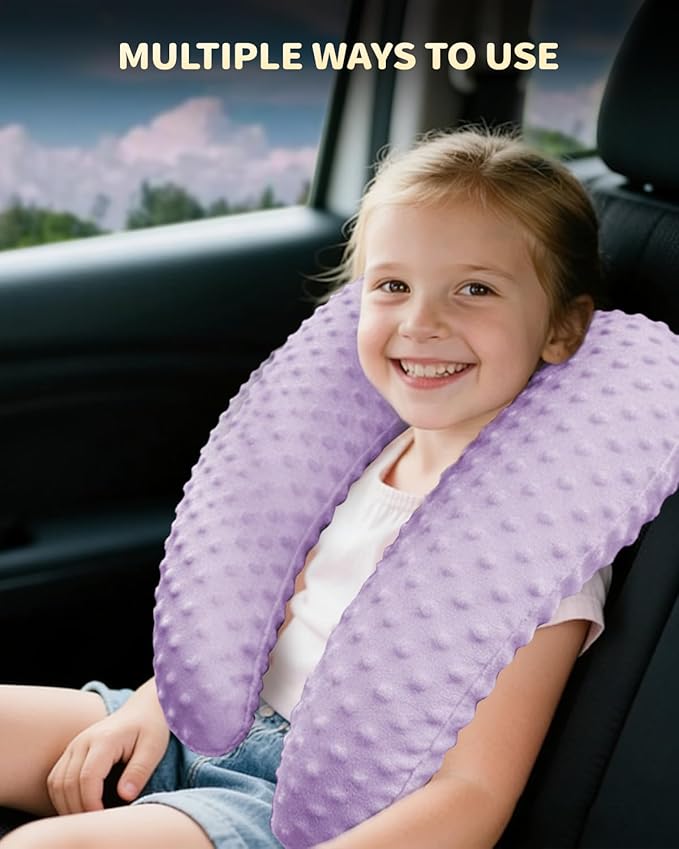 Memory Foam Kids Travel Pillow, Car Pillow for Kids, H-Shape Car Pillows for Sleeping, Removable Pillowcase, Adjustable, Velvet Dots, Purple