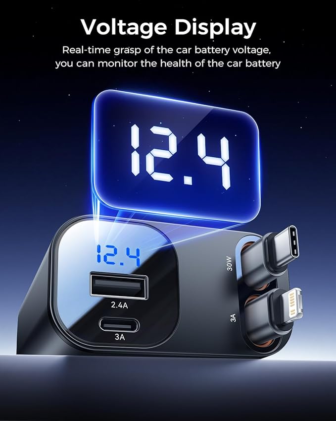 Retractable Car Charger for iPhone 17,Rocoren 4 in 1 USB C Car Charger with Dual Cord,69W Fast Charging Cigarette Lighter Adapter,Road Trip Essentials,Car Accessories Gifts for iPhone 16/15/14,Galaxy