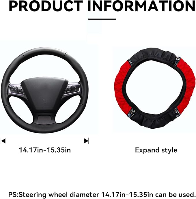 Bling Car Steering Wheel Cover, 15 Inch Rhinestones Soft Leather Elastic Steering Wheel Protector, Sparkly Crystal Diamond for Women Girls, Car Interior Accessories for Most Cars (Red)