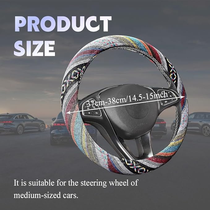 Boho Steering Wheel Cover, Steering Wheel Cover Women, 15 inch Hippie Style Protector Covers, Universal Ethnic Flax Cloth Car Accessories Universal for SUV Van Truck (Hippie-D)