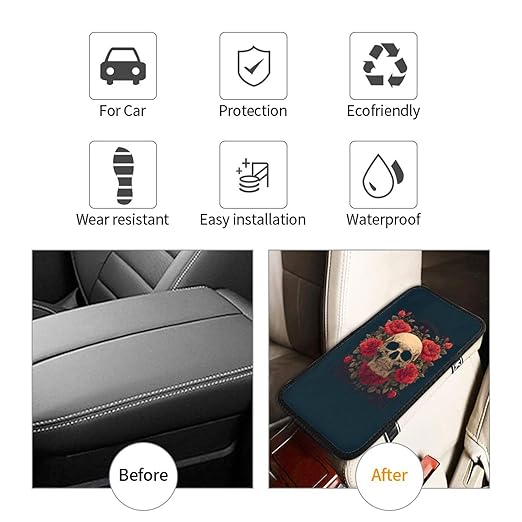 Skull with Red Roses Car Auto Armrest Cushion Cover Accessories Center Console Seat Box Pad Protector Universal Decoration for Most Vehicle SUV Truck