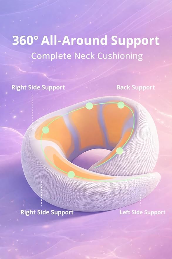 Neck Travel Pillow |100% Pure Memory Foam Neck Pillow Comfortable & Breathable Cover, Machine Washable for Travel, Airplane, Car Rides, & Home Use, Travel Kit with Bag (Purple)