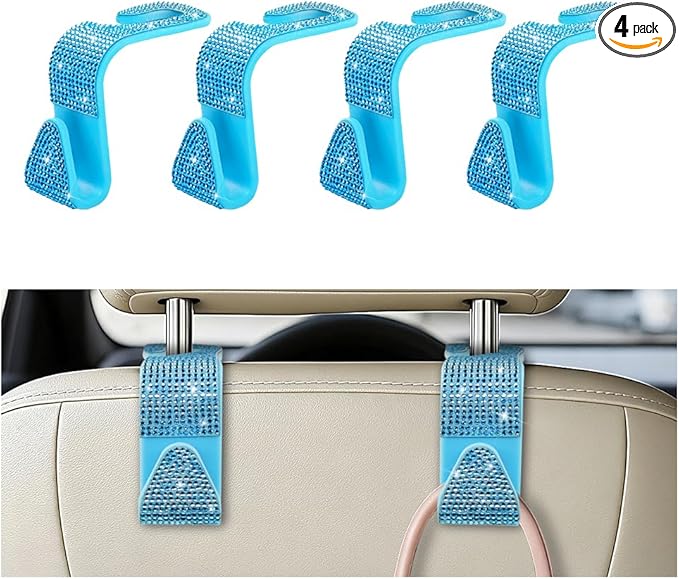 4PCS Bling Car Seat Headrest Hooks, Crystal Rhinestone Vehicle Back Seat Hanger Holder, Auto Interior Headrest Hanging Storage Organizer for Purse Handbag Coat, Universal Fit (Lake Blue)