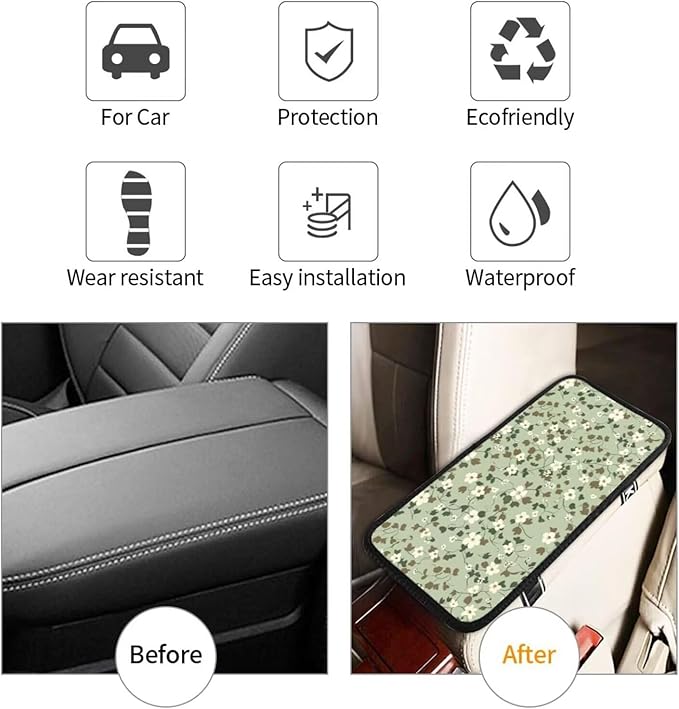 Green Leaf Armrest Cover Cute Sage Green Car Center Console Cover Auto Interior Accessories Center Console Covers Cushion Pad for Cars