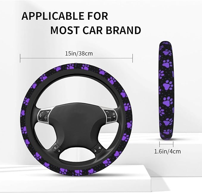 Purple Paw Print Steering Wheel Cover Dog Paw Print Steering Wheel Cover Anti-Slip Breathable Universal for 15 Inch Car with 2 Pieces Car Coasters Suitable for Men Women