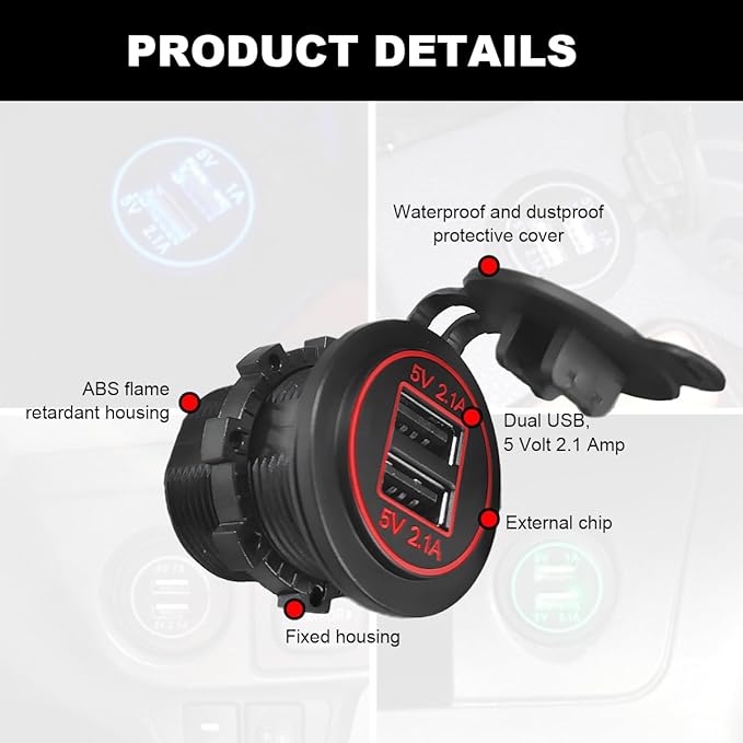 4.2A Dual USB Charger Socket, Waterproof Power Outlet 12V/24V 2.1A & 2.1A Quick Charge Socket, USB Charger Socket with Cap for Car Golf Cart Mobile RV ATV Truck Marine Boat (Red)