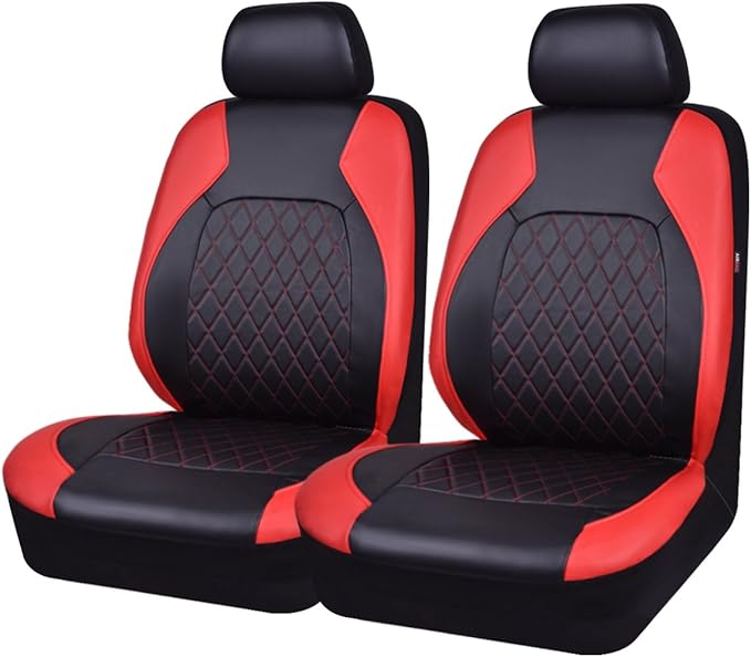 Deluxe Pu Luxury Leather Two Front Car Seat Covers, Waterproof Faux Leather Automotive Seat Covers Airbag Compatible Universal Fit for Most Sedans SUVs Vans (Black and Red)