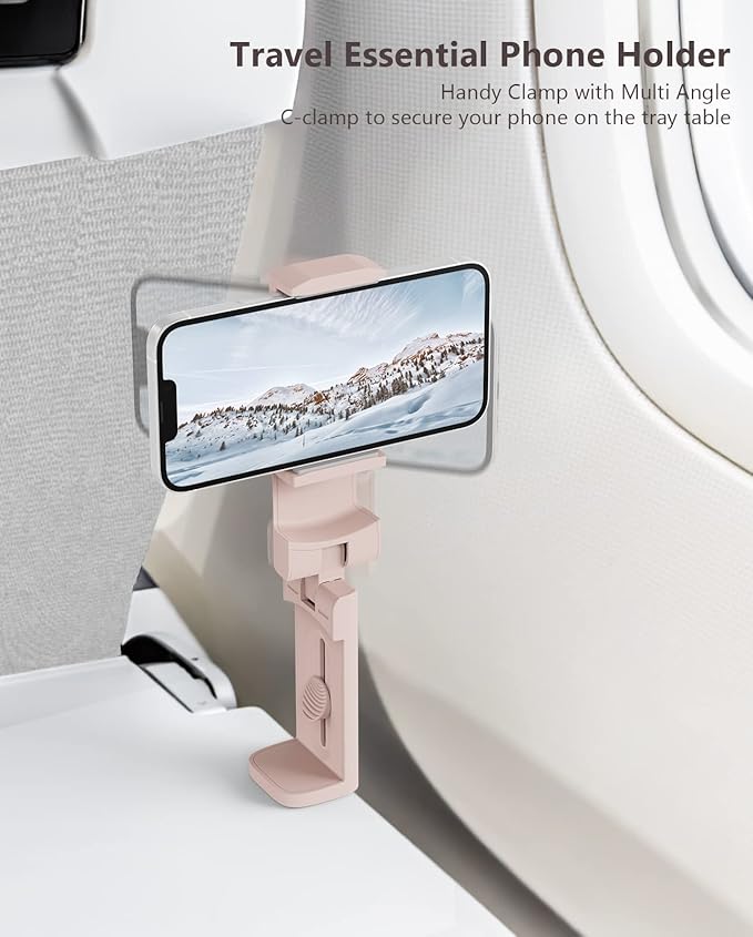 MiiKARE Travel Essentials Airplane Phone Holder, Universal Handsfree Phone Mount for Flying with 360 Degree Rotation, Travel Must Haves Phone Stand for Desk, Tray Table, Pink