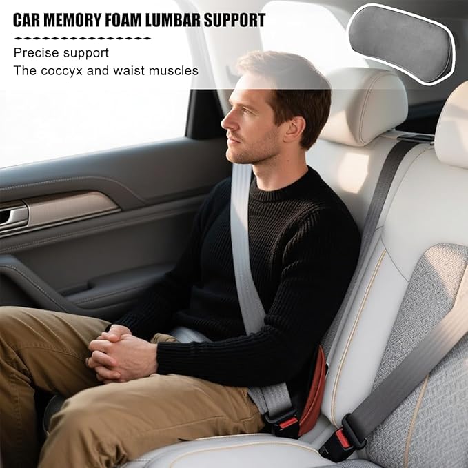 Car Lumbar Support Pillow, Memory Foam Vehicle Seat Lower Back Support Cushion for Back Pain Relief & Sciatica, Comfortable Auto Driver Seat Pad, Universal for Vehicles (Dark Gray)