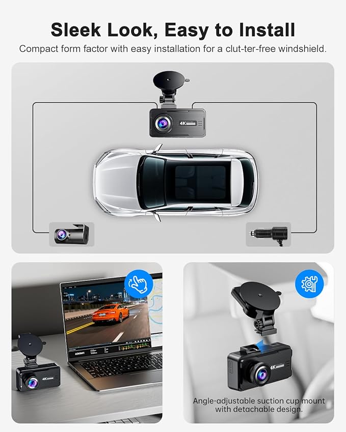 Dash Cam Front and Rear, 4K FHD Dual Dash Camera for Cars Built-in 5G WiFi GPS, 64GB Card Included, Car Camera with 3" IPS Touch Screen, UHD 2160P Night Vision, WDR, 24H Parking Monitor, App Control